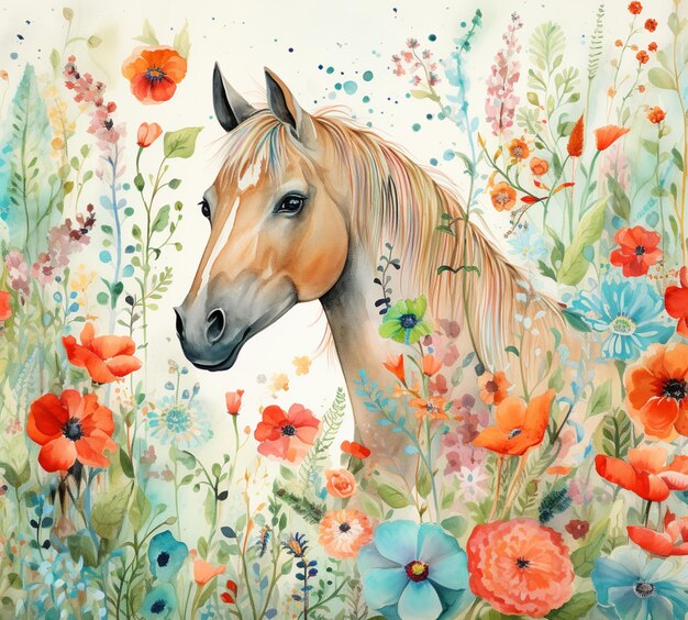 schilderij van een paard in een veld van bloemen met een vlinder generatieve ai