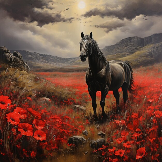 schilderij van een paard in een veld van rode bloemen generatieve ai