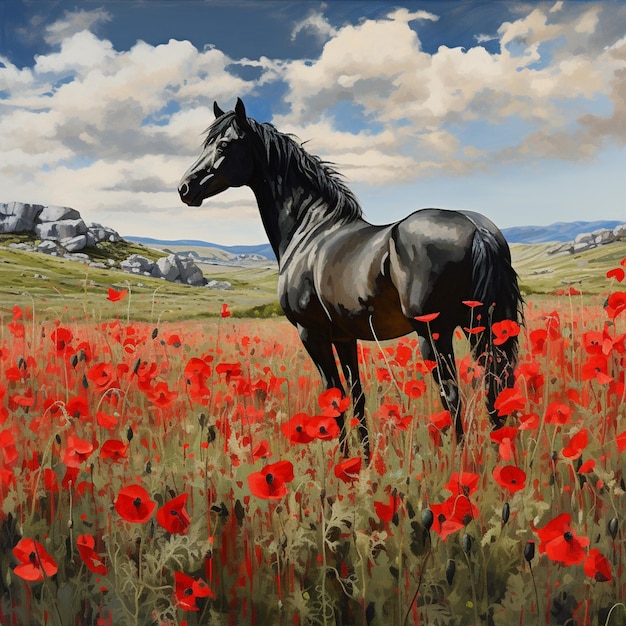 schilderij van een paard in een veld van rode bloemen generatieve ai