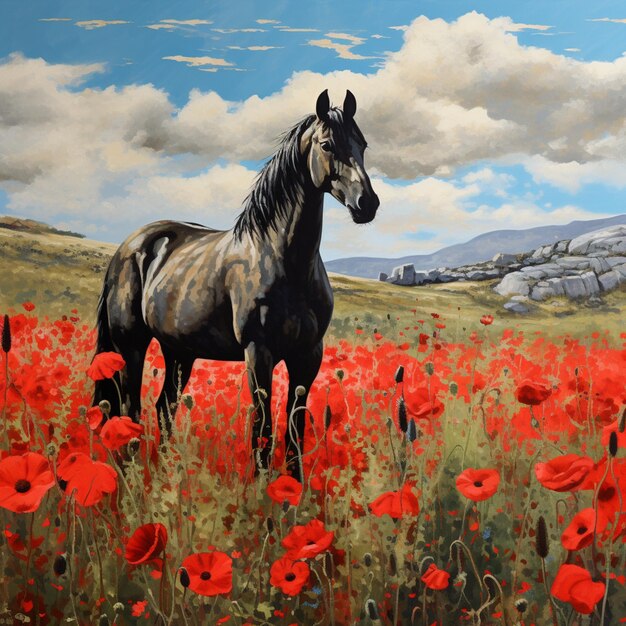 schilderij van een paard in een veld van rode papaver generatieve ai