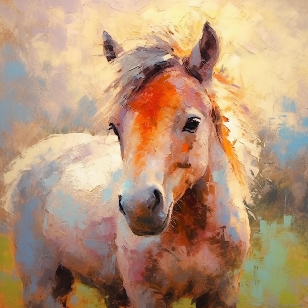 schilderij van een paard met bruine manen en wit gezicht generatieve ai