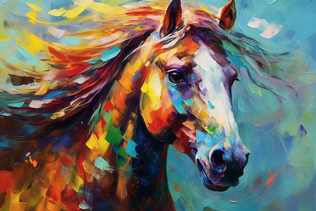 Schilderij van een paard met kleurrijke manen en een blauwe achtergrond generatieve ai