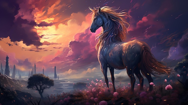 Foto schilderij van een paard staande in een bloemenveld met een zonsondergang op de achtergrond generatieve ai