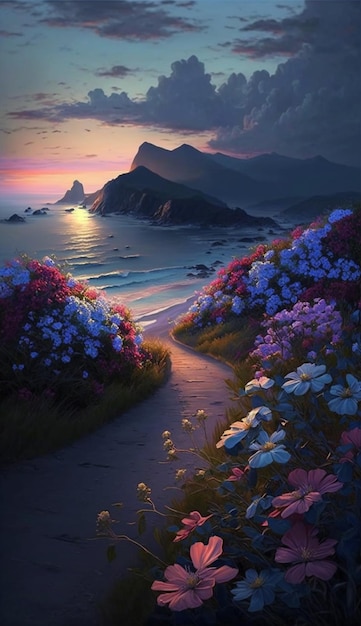 Schilderij van een pad dat naar het strand leidt met bloemen en bergen op de achtergrond generatieve ai