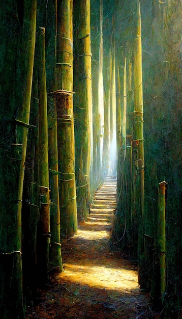 Schilderij van een pad door een bamboebos generatieve ai
