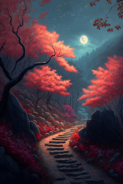 Schilderij van een pad door een bos bij nacht generatieve ai