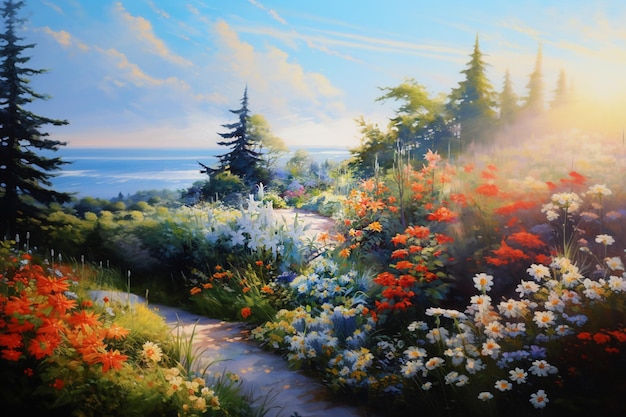 schilderij van een pad door een tuin met bloemen en bomen generatieve ai