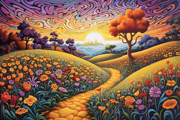 schilderij van een pad door een veld van bloemen met een zonsondergang op de achtergrond generatieve ai
