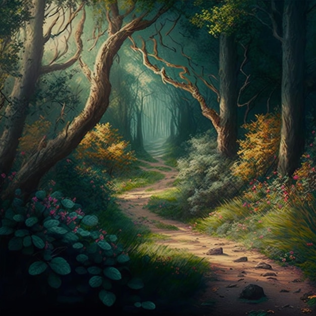 Schilderij van een pad in een bos met een pad er doorheen generatieve ai