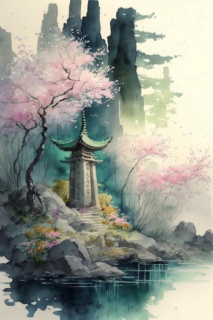 Schilderij van een pagode naast een watermassa generatieve ai