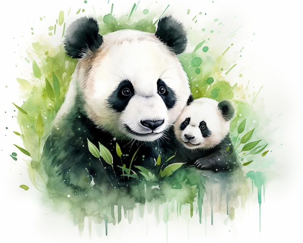 schilderij van een panda en haar welp in een grasveld generatief ai