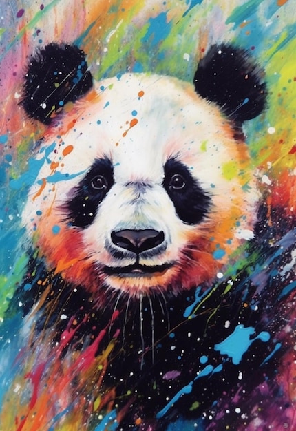 Schilderij van een panda met verfspletteringen op zijn gezicht generatieve ai