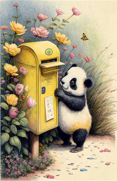 schilderij van een pandabeer die een brief in een brievenbus stopt