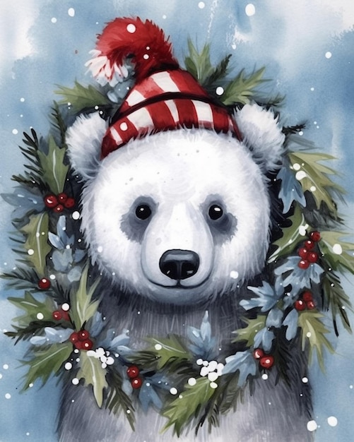 schilderij van een pandabeer met een kerstkrans en een hoed generatieve ai