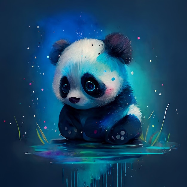 Schilderij van een pandabeer zittend op een rots in het water generatieve ai