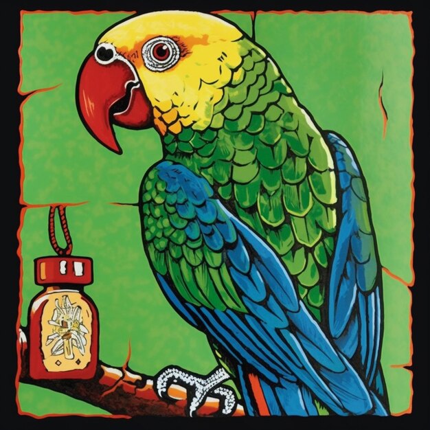 Schilderij van een papegaai met een fles honing op een tak generatieve ai