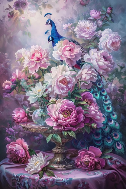 Foto schilderij van een pauw die op een vaas met bloemen zit met een roze achtergrond