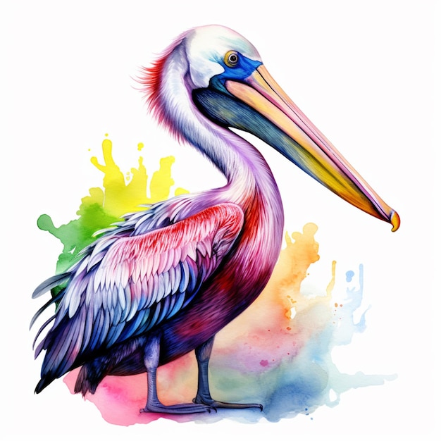Foto schilderij van een pelikaan met een kleurrijke snavel en lange benen generatieve ai