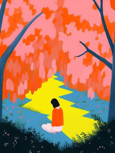schilderij van een persoon die in een veld zit met bomen en een geel pad generatief ai