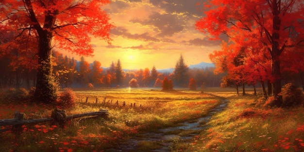 Schilderij van een prachtig herfstlandschap met een beekje dat generatief door het gras stroomt ai