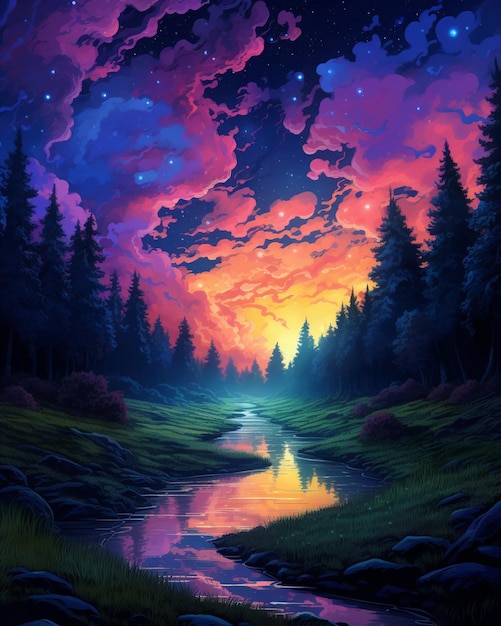 Schilderij van een prachtige zonsondergang met een beek die er doorheen stroomt generatieve ai