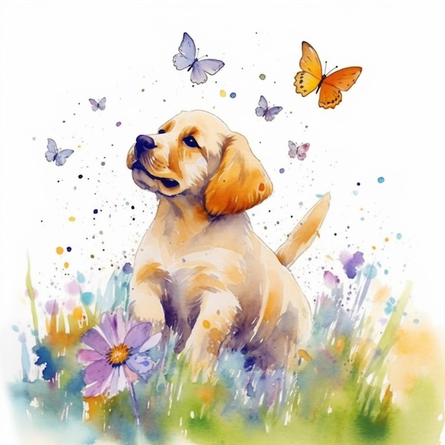 Schilderij van een puppy in een bloemenveld met vlinders generatieve ai