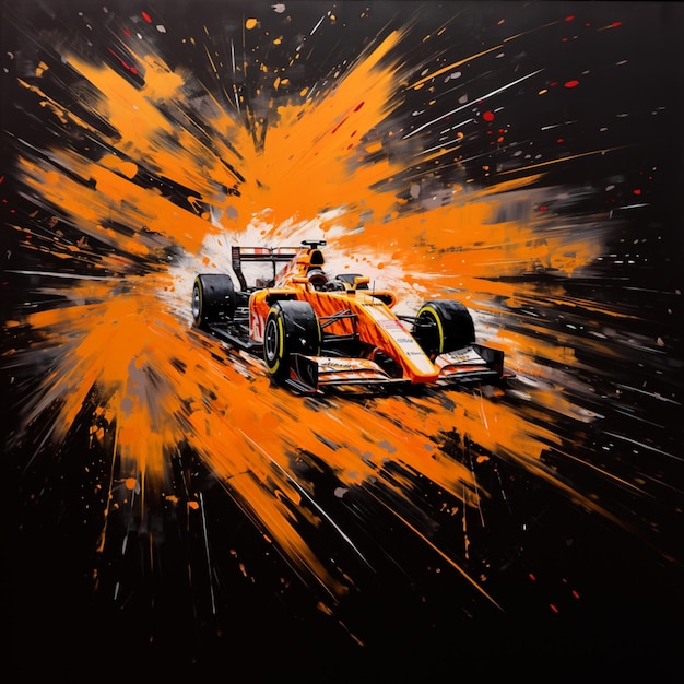 schilderij van een raceauto met oranje verfspatten erop generatieve ai