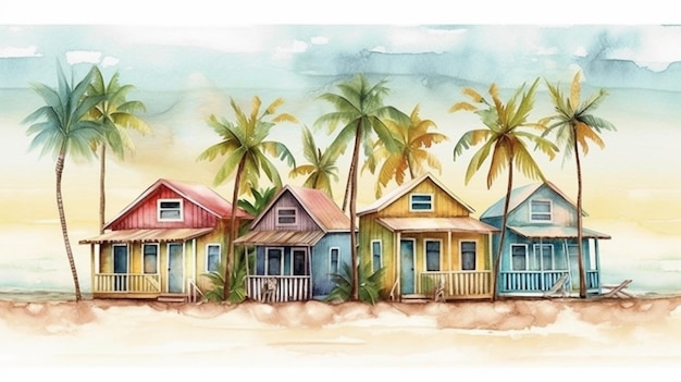 schilderij van een rij kleurrijke huizen op een strand met palmbomen generativ ai