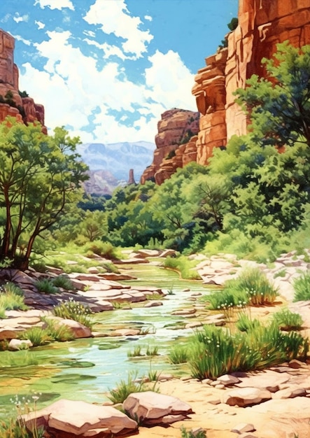 Foto schilderij van een rivier die door een kloof loopt, omringd door rotsen.