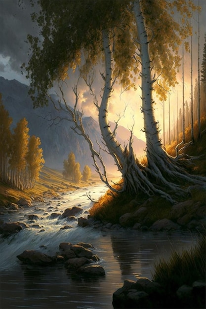 Schilderij van een rivier die generatief door een bos stroomt ai
