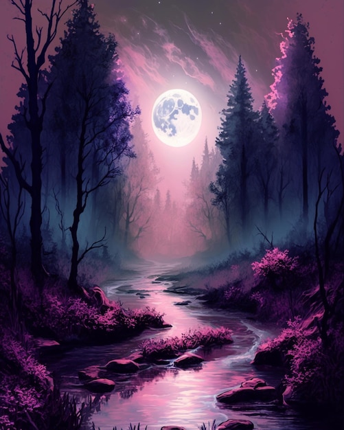 Schilderij van een rivier in een bos met een generatieve ai bij volle maan