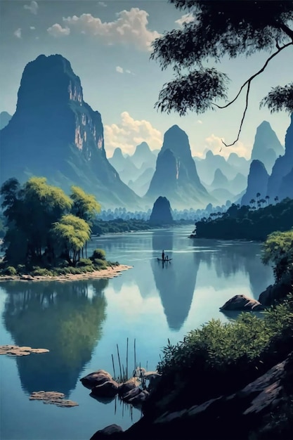 Schilderij van een rivier met bergen op de achtergrond Generatieve Ai