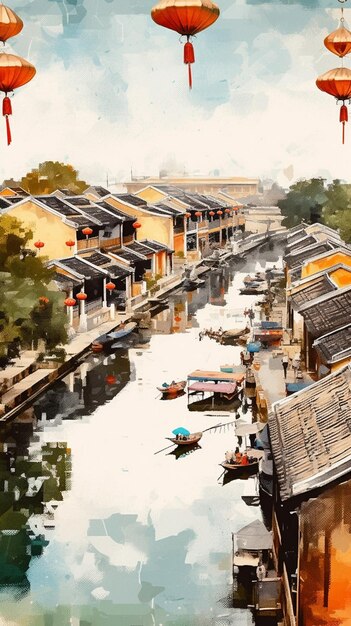 schilderij van een rivier met boten en Chinese lantaarns die aan het plafond hangen generatieve ai