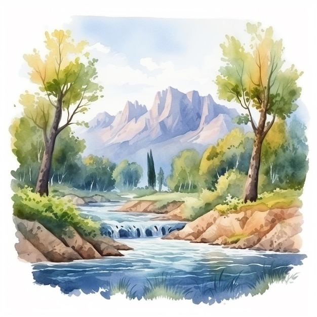 Schilderij van een rivier met een berg op de achtergrond generatieve ai