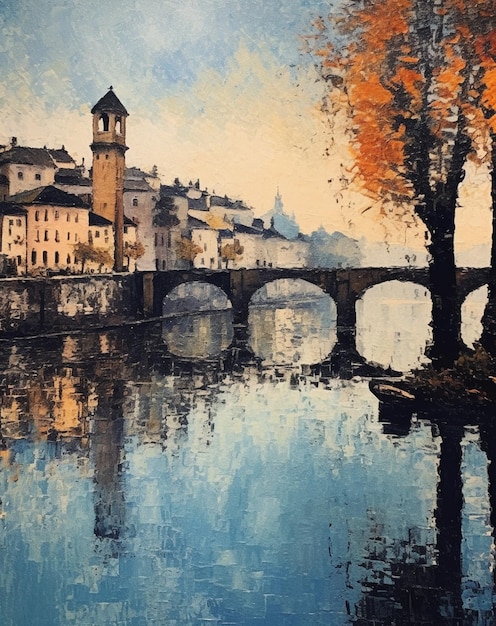 schilderij van een rivier met een brug en een gebouw op de achtergrond generatieve ai