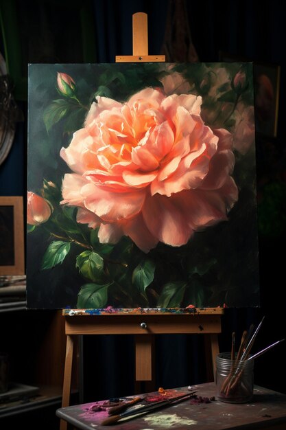 Foto schilderij van een roos op een easel met een schilderij van een roos generatieve ai