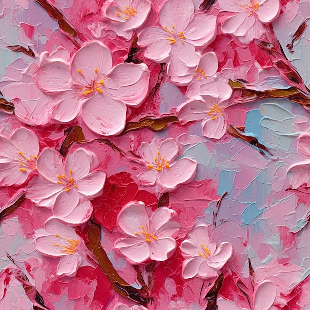 schilderij van een roze bloemrijke boom met een blauwe lucht op de achtergrond generatieve ai