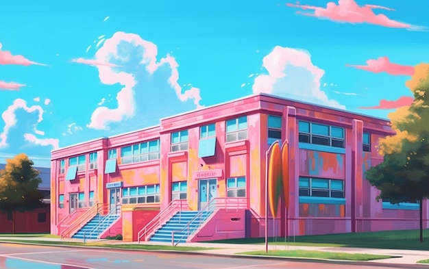Foto schilderij van een roze gebouw met trappen en een regenboogvlag generatieve ai