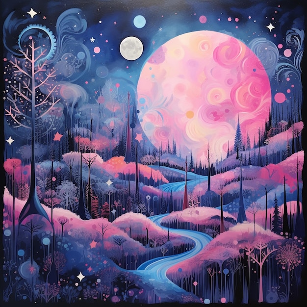 Schilderij van een roze maan over een bos met een rivier generatieve ai