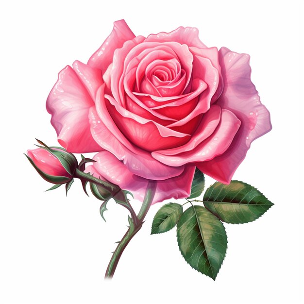schilderij van een roze roos met groene bladeren op een witte achtergrond generatieve ai