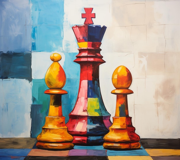 schilderij van een schaakspel met een rode koning en twee gele pionnen generatieve ai