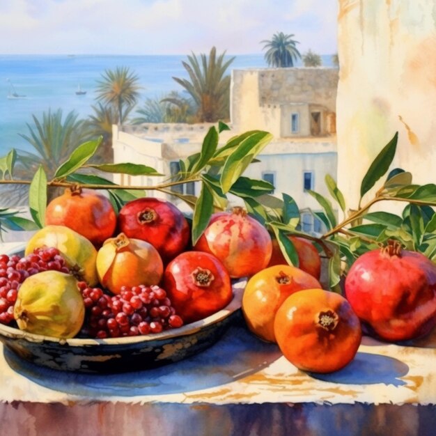 schilderij van een schaal met fruit op een tafel met uitzicht op de oceaan generatieve ai