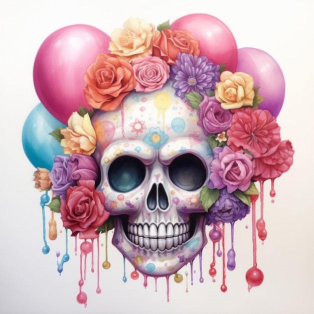 schilderij van een schedel met bloemen en ballonnen op een witte achtergrond generatieve ai