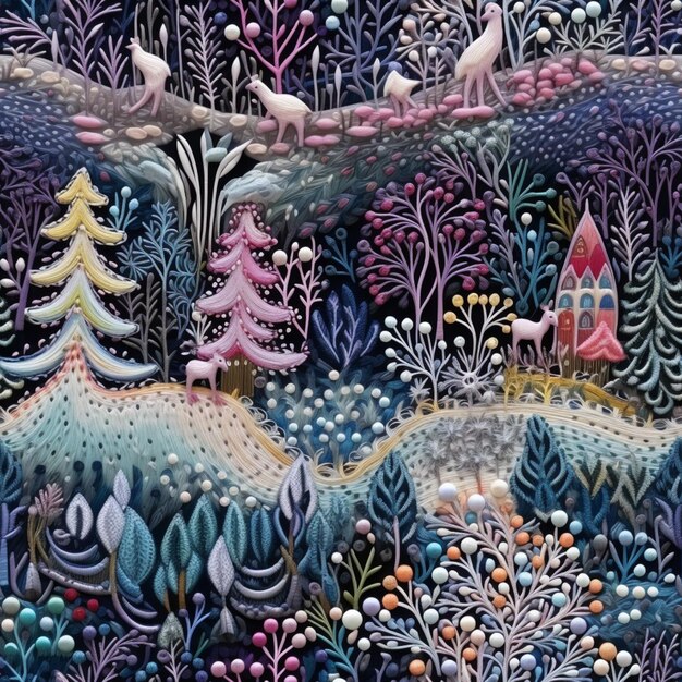 schilderij van een schilderij van een bos met een huis en een hert generatieve ai