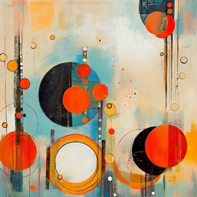 Schilderij van een schilderij van een kleurrijk abstract ontwerp met cirkels en stippen generatieve ai