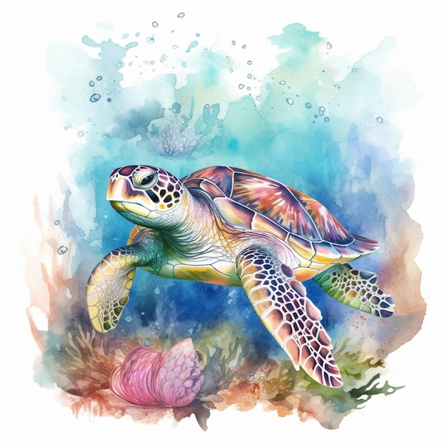 Schilderij van een schildpad die in de oceaan zwemt met een roze bloem generatieve ai