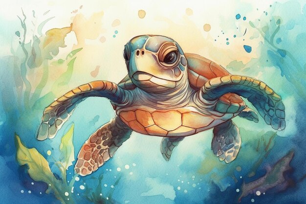 Schilderij van een schildpad die in de oceaan zwemt met veel water generatieve ai