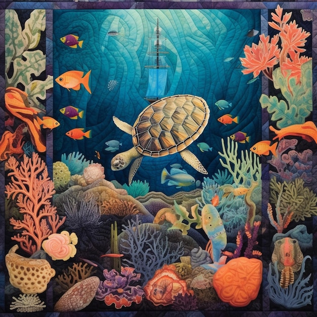 Schilderij van een schildpad die zwemt in een zee met koralen en andere generatieve vissen ai