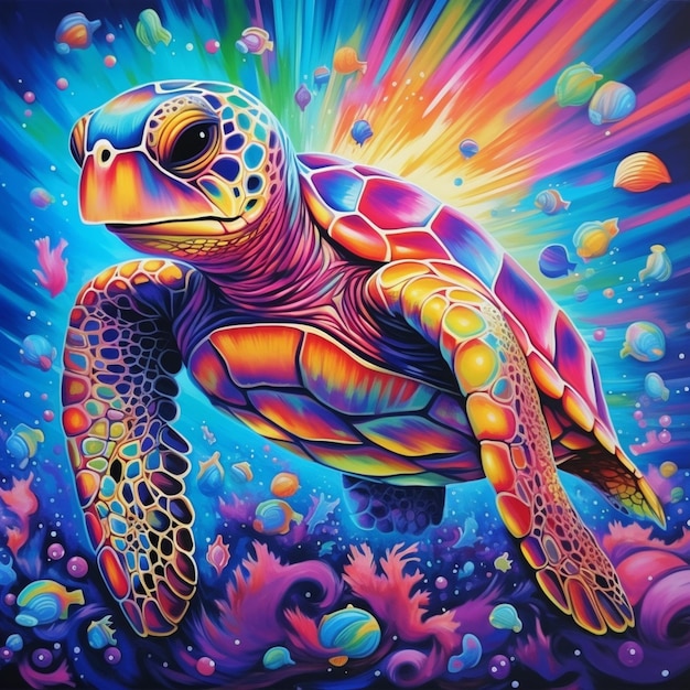 schilderij van een schildpad in een kleurrijk zeetafereel met bubbels generatieve ai