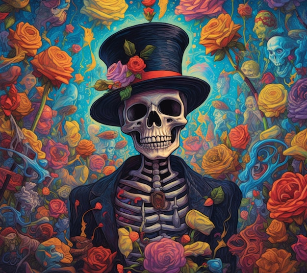 schilderij van een skelet in een hoed omringd door rozen generatieve ai